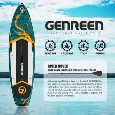 Надувне SUP-борд GENREEN (Extra Groß) для всіх рівнів підготовки, 335x86 см, для дорослих, з аксесуарами, тримач для камери, 3 фіни, вантажопідйомність до 200 кг, колір: джунгле-грін