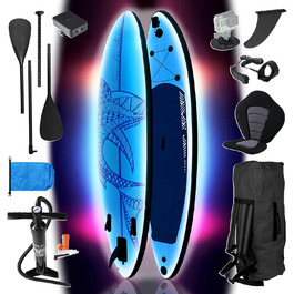 Надувний SUP Board BRAST з LED-підсвіткою | Комплект для станд-ап паддлінгу | 320x81x15см | 4 дизайни | LED-підсвічування (10 кольорів) | 5 років гарантії | 2в1 (каяк, сидіння) | Тримач для Action-Cam | Петля для ноги (Shark Blue)