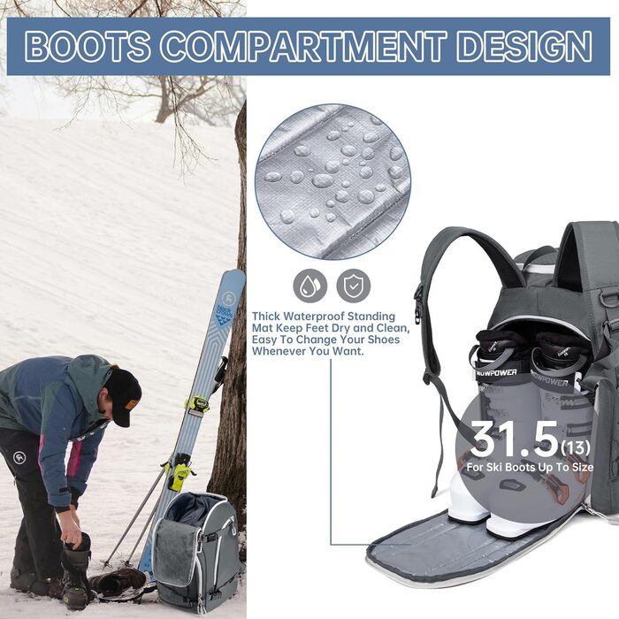 Рюкзак для лиж та сноуборду 50L з кишенями для черевиків, шолома, окулярів, рукавичок та аксесуарів, сірий