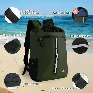 Sunnylon Сумка-рюкзак Dry Bag 20L, водонепроникна з відділенням для телефону, IPX8, для плавання, каякінгу, рафтингу, зеленого кольору