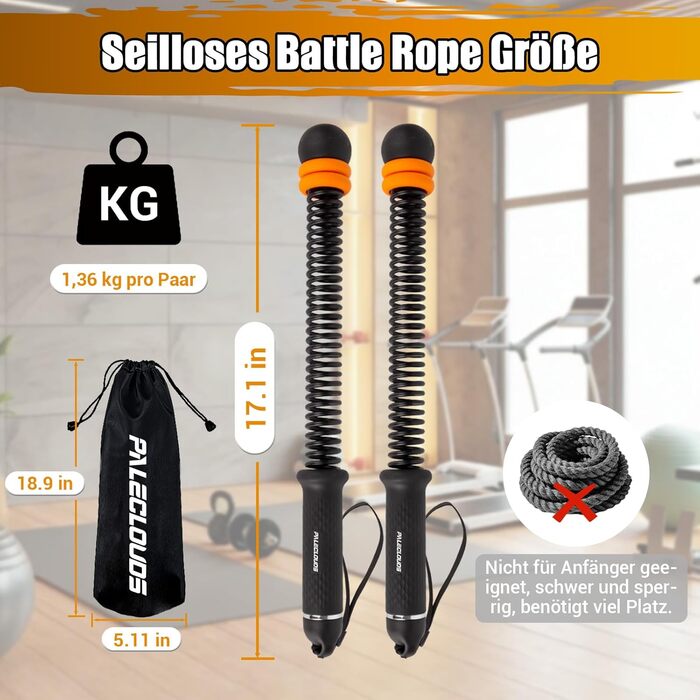 Тренувальні канати Battle Rope без мотузки, регульовані, з сумкою та інструкцією, для HIIT, силових тренувань, спалювання жиру, домашній спортзал