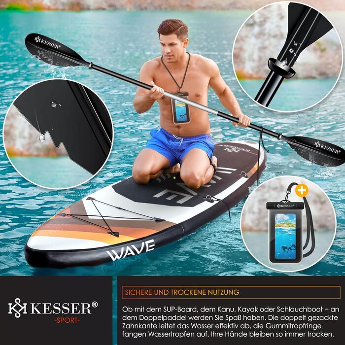 Весло KESSER® з подвійним лезом (4 частини) для каяка, SUP, станд-ап паділбордингу. Алюмінієве весло 228 см, ідеально для човна, веслування. В комплекті: страховий шнур, чохол для телефону, чорний човен.