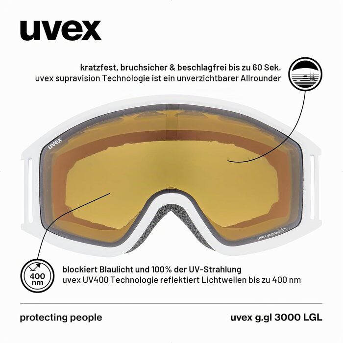 Гірськолижна маска Uvex g.gl 3000 LGL унісекс, біла матова з лінзою LaserGold Lite-Blue, посилення контрасту та захист від запотівання