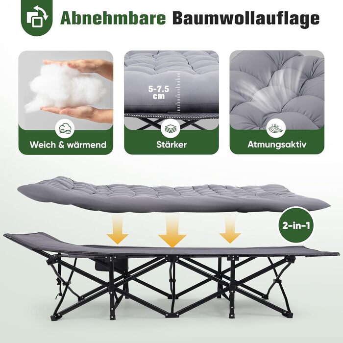 Розкладне ліжко Sekey для кемпінгу XXL, 190 x 71 x 35 см: міцний каркас зі сталі, якісна тканина Oxford, з матрацом, ідеально для гостей, кемпінгу та саду