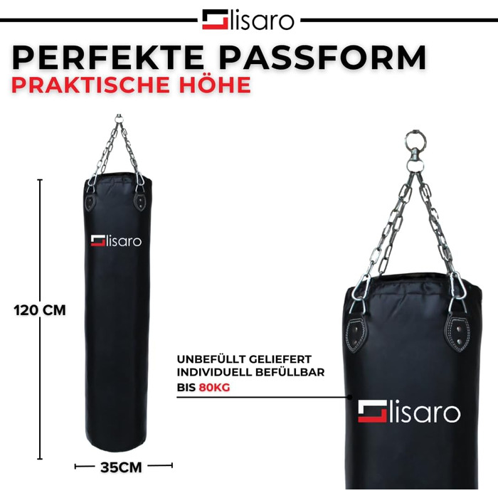 Боксерський мішок Lisaro Profi Boxsack 120x35 см для боксу, кікбоксингу та MMA, штучна шкіра (вініл), чорний, без наповнення