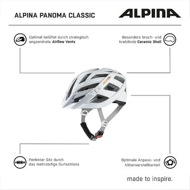 Велосипедний шолом ALPINA PANOMA CLASSIC для дорослих, білий-глос, 56-59 см, легкий, з вентиляцією, можливістю встановлення LED підсвітки