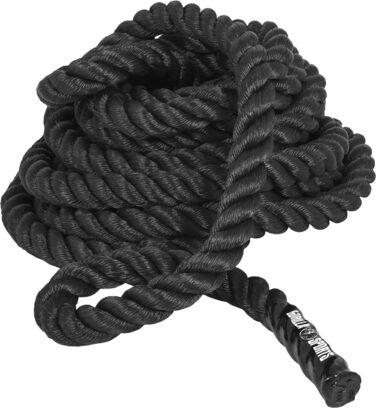 Тренувальне канат GORILLA SPORTS® Battle Rope, 15 м, діаметр 38/50 мм, неслизькі ручки, нейлон, чорний - для силових тренувань, фітнесу, перетягування канату