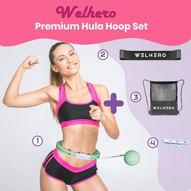 Розумний хулахуп WELHERO для дорослих і початківців, регульований обруч 66-121 см XXL, для схуднення, з вагою, лічильником, масажними нопами, сумкою та фітнес-стрічкою, тихий