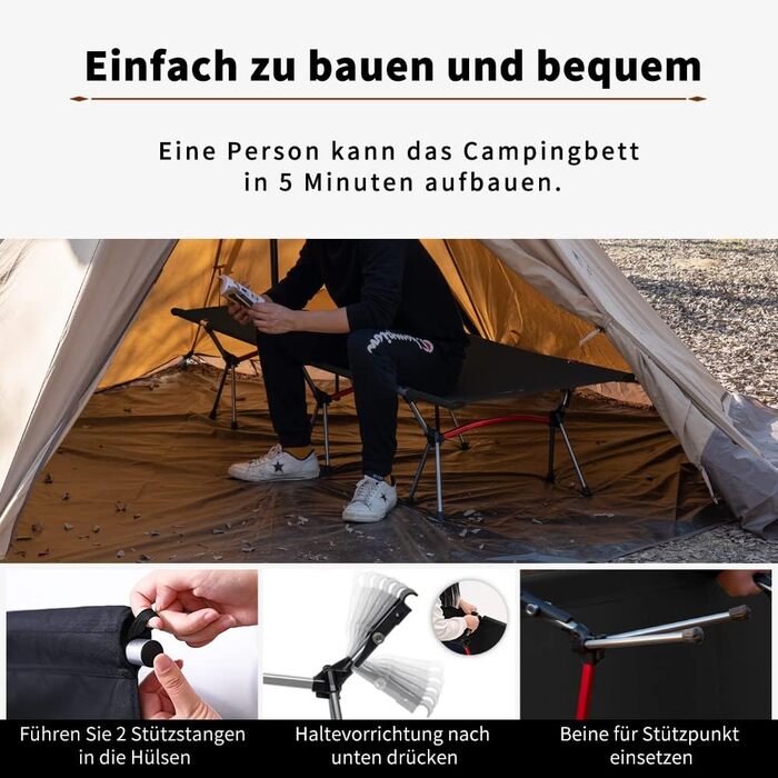 Легке туристичне ліжко TOMOUNT з алюмінієвого сплаву для кемпінгу, відпочинку на балконі, у саду, намету та подорожей на природі (чорне)