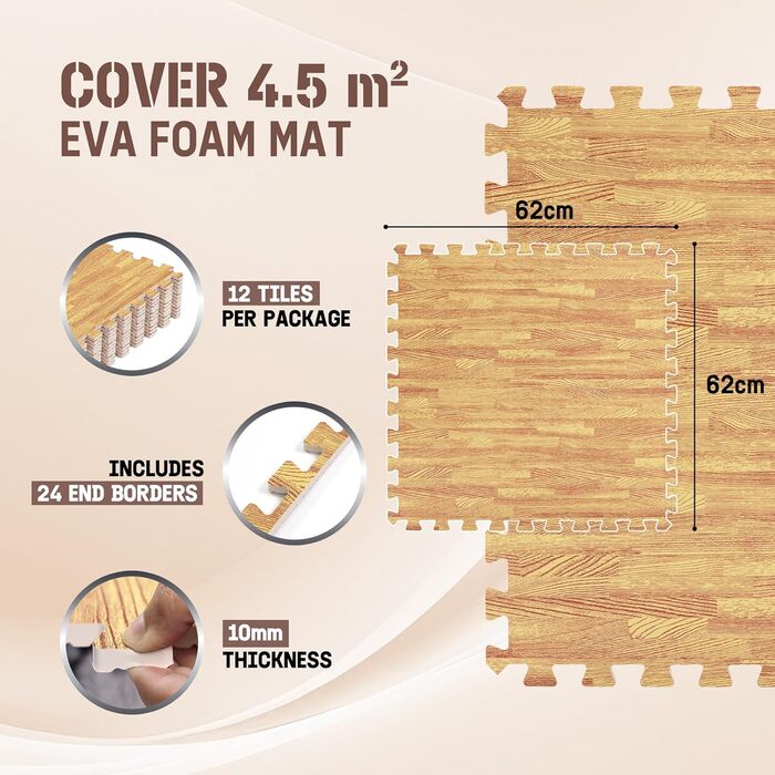 Набір модульних підлогових матів Yes4All для фітнесу та спортзалу, пазл-килим захисний (12 плиток 60x60 см, 4.5 м²), колір світлий дуб