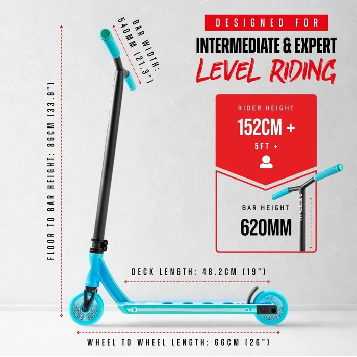 Трюковий самокат CORE Stunt Scooter 110mm, ABEC 9, для початківців та профі, 78-96 см, + стікер Fantic26 (Park CL1, бірюзовий)
