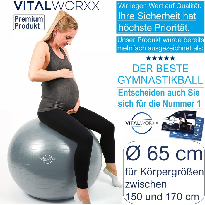 Гімнастичний м'яч VITALWORXX 65 см для вагітних, стабільний фітбол з насосом, вправи для вагітності та пологів, сірий