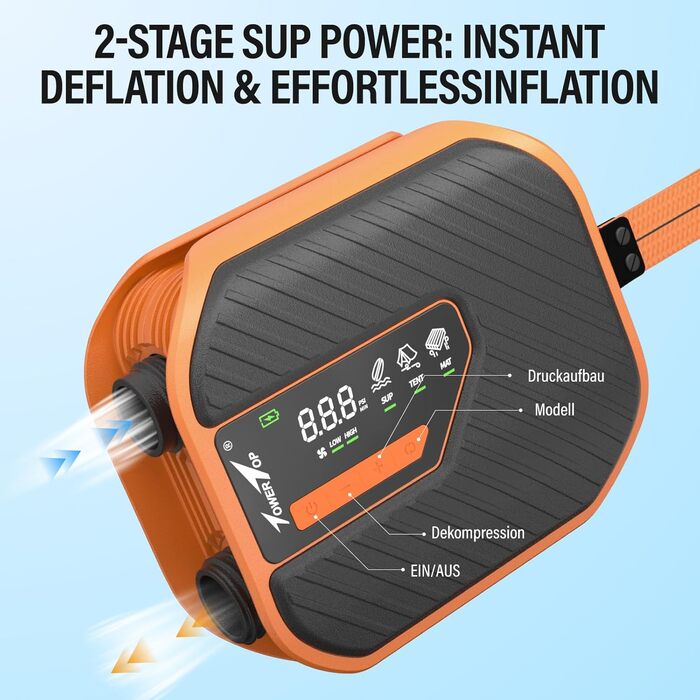 Електрична SUP-насос TowerTop 10500mAh з акумулятором 50PSI, 8 насадок, HD-LCD дисплеєм для SUP, човнів, авто. Двоступеневий насос з охолодженням