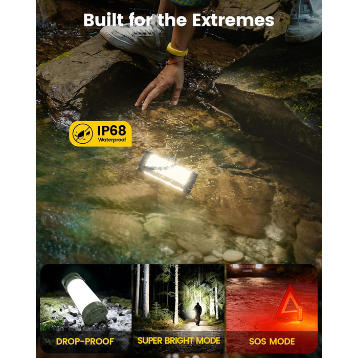 Ліхтар для кемпінгу Glocusent: 1200 люмен, водонепроникний IP68, 80 годин роботи, 5 режимів, SOS, для походів та відпочинку на природі (зелений)