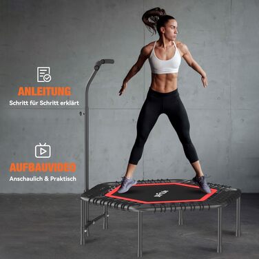 Фітнес-батут DH FitLife для дому Ø114 см, стабільний до 150 кг з ручкою, професійна якість, 36 посилених гумових тросів, безшумне амортизацію та протиковзкі ніжки