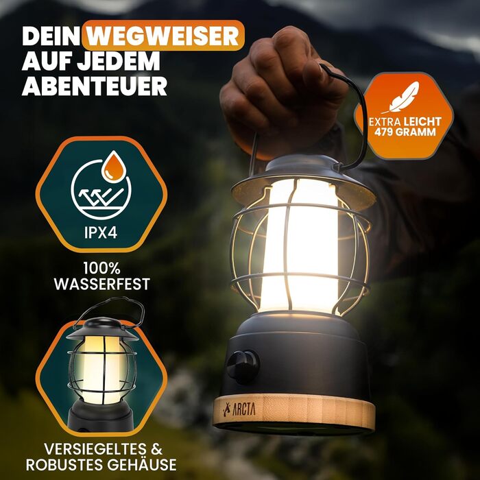 ARCTA® LED кемпінговий ліхтар на акумуляторі – ретро кемпінг ліхтар, IPX4 вологостійкий, димування 20-450lm – ліхтар для намету, саду, кемпінгу, LED Powerbank