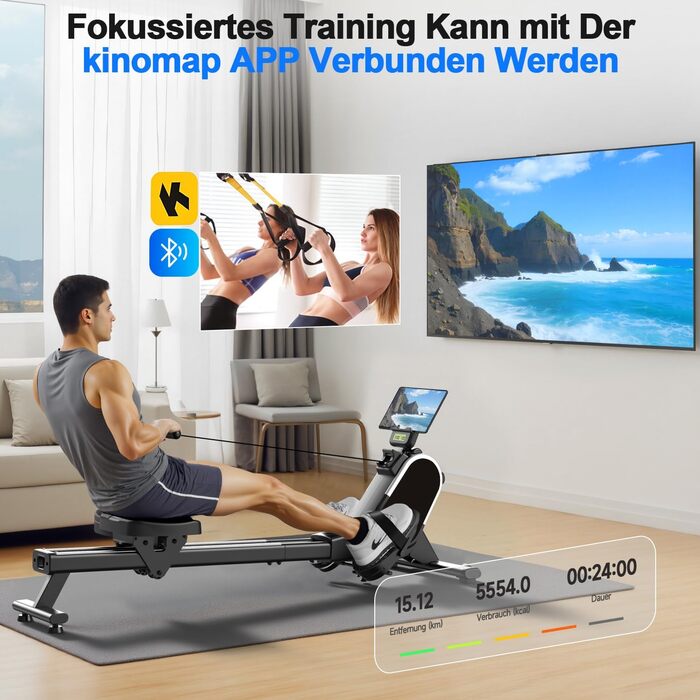 Гребний тренажер CHAOKE для дому, тихий магнітний, з App, 16 рівнів опору, стабільний, до 160 кг, чорний