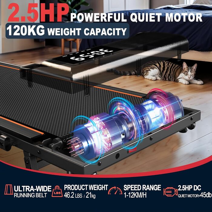 Бігова доріжка VOWVIT для дому, складаний: кут нахилу 7%, потужність 2.5 PS, максимальне навантаження 120 кг, швидкість 1-12 км/год