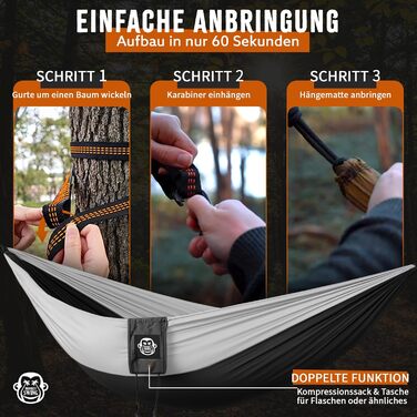 Гамак Monkey Swing ультралегкий з карабіном та стропами (до 300 кг) – 275 x 140 см, для кемпінгу, відпочинку на природі, трекінгу та подорожей (зелений/хакі, чорний)