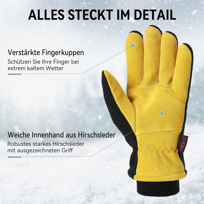 Зимові рукавички OZERO для чоловіків та жінок -30°C, з оленячої шкіри, водонепроникні, вітронепроникні, для водіння, походів, велосипеда (S, жовтий)