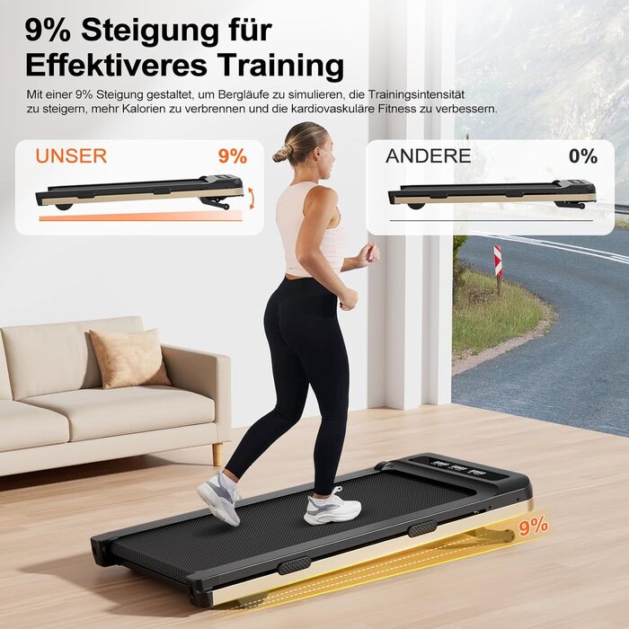 Біговий тренажер DeerRun з нахилом 9%, для дому, до 136 кг, Walking Pad, сумісний з робочим столом, з APP-керуванням, курсами тренувань та кількома режимами бігу, чорний