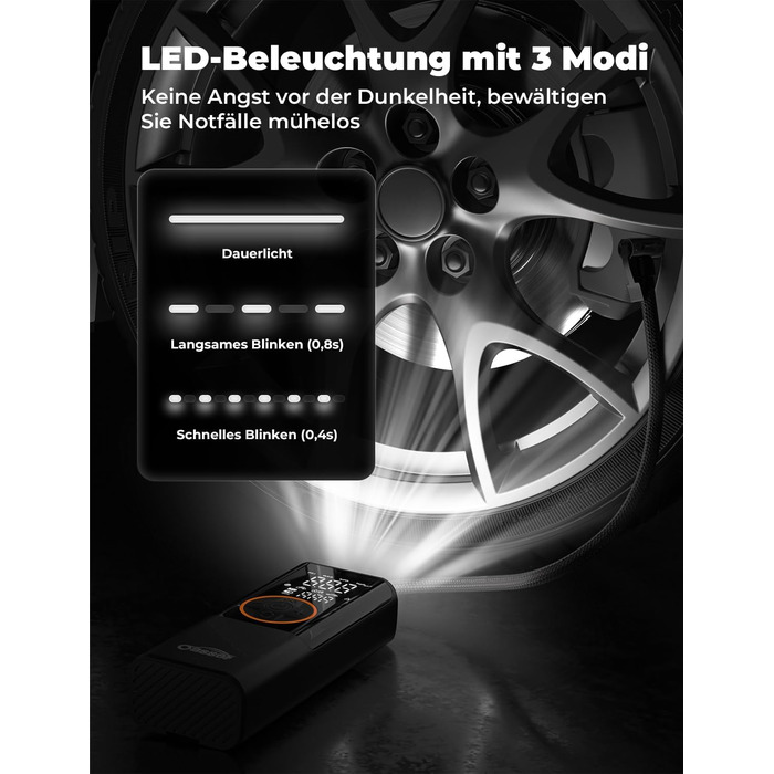 Електричний компресор Oasser з акумулятором 6000mAh, 150 PSI, з двома дисплеями, для авто, мото, велосипеда, м'ячів, подорожей та кемпінгу