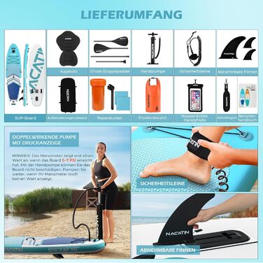 NACATIN SUP дошка надувна 320 см з сидінням, веслом та рюкзаком - для йоги, річки, моря (синій)