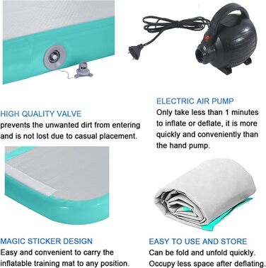 Air Track 6м для гімнастики та йоги з електричним насосом, килимок для тренувань 600x100x10см, зелений, водовідштовхувальний