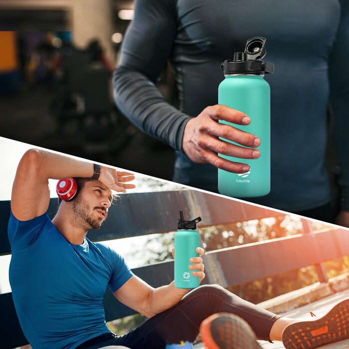 Термос Fjbottle з нержавіючої сталі з трубочкою 950 мл, BPA-free, герметична спортивна пляшка для води для велосипеда, школи, фітнесу, газованої води, зелена