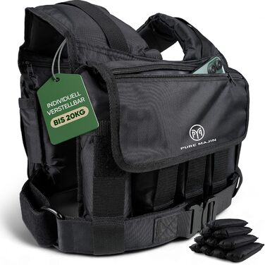 Вага для тренувань PURE MAJIN® 20 кг, регульована, з кишенею та металевим ременем | Фітнес, воркаут, біг, калістеніка, обладнання, вага, тренування - чорний або камуфляжний чорний