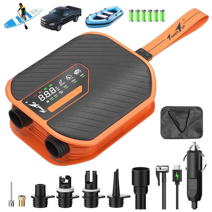 Акумуляторний насос TowerTop Sup Pumpe 10500mAh для SUP-бордів, човнів та авто, 50 PSI, 12V, двоступеневий (накачування та випуск повітря) з 8 насадками