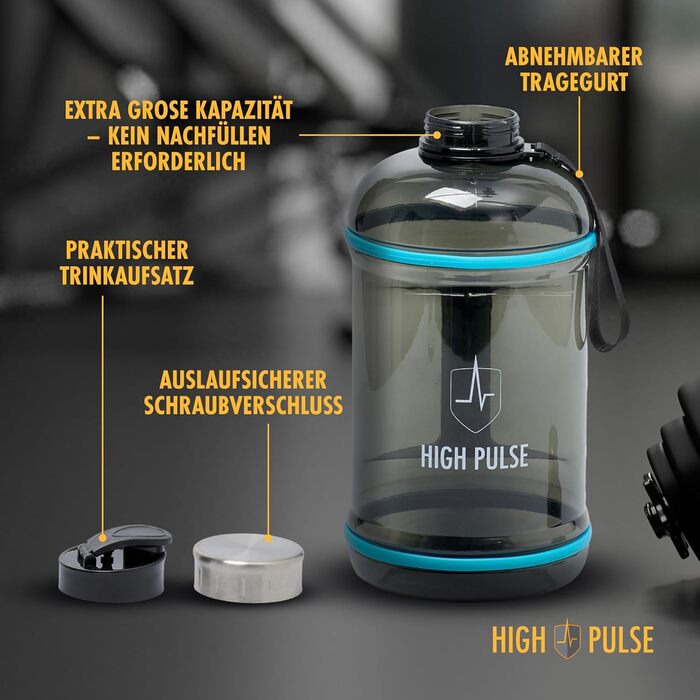 Водяний глечик High Pulse® з насадкою для пиття + кришка (2,2 л) – витокозахисна пляшка для фітнесу та силових тренувань – 100% BPA-free, підходить для газованої води, чорний