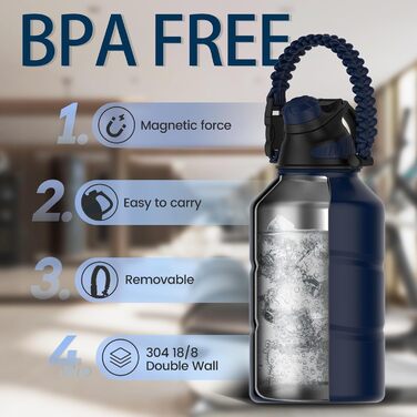 Fjbottle спортивна термобутилка з нержавіючої сталі 1900 мл з магнітною кришкою, без BPA, герметична, для газованої води, спортзалу, школи та фітнесу