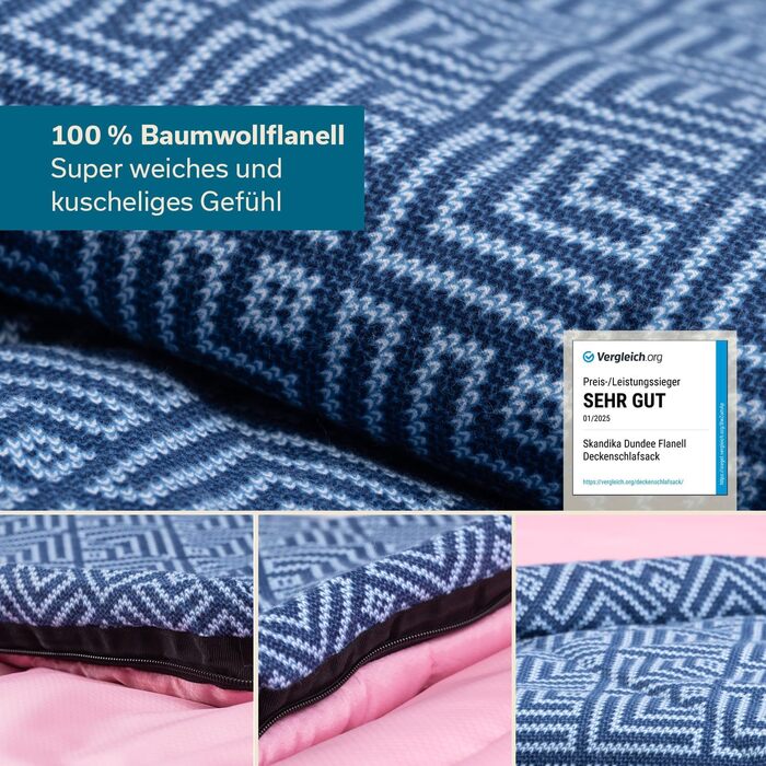 Спальний мішок Skandika Dundee Flanell: бавовна, преміум-якість, з'єднується, двомісний, 3 сезони, до -20°C, 220 x 80/160 см, для кемпінгу