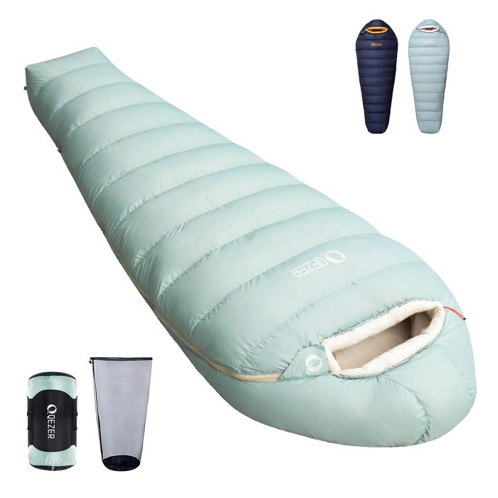Спальний мішок зимовий Daunenschlafsack з графеновим покриттям, -24°C, 620FP, 1500г пуху, для кемпінгу, трекінгу, гірських походів (світло-зелений)