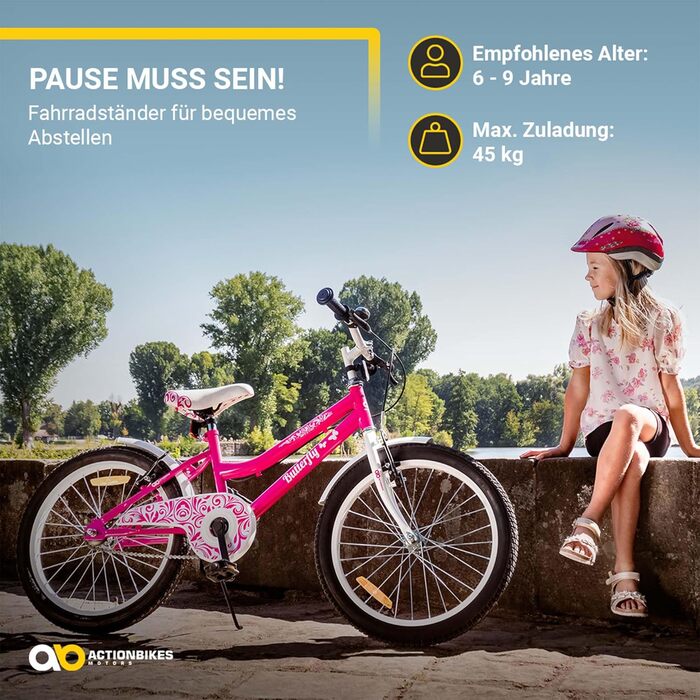 Детский велосипед Actionbikes Butterfly, 20 дюймов, V-Brake тормоза, защита от грязи спереди и сзади, для девочек 6-9 лет, белый/розовый
