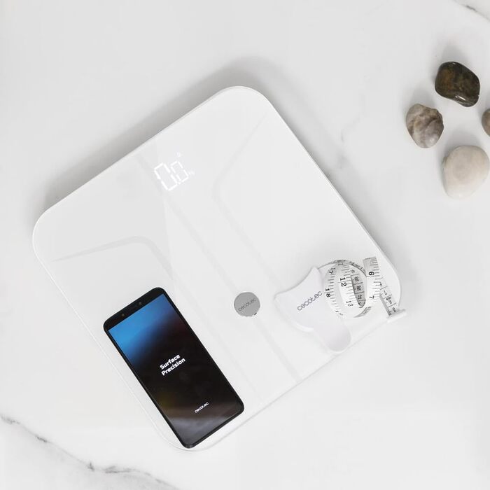 Розумні електронні ваги Cecotec Surface Precision 9750 Smart Healthy з біоімпедансом, Bluetooth, 10 параметрів тіла, загартоване скло (Білий, 31x31 см)