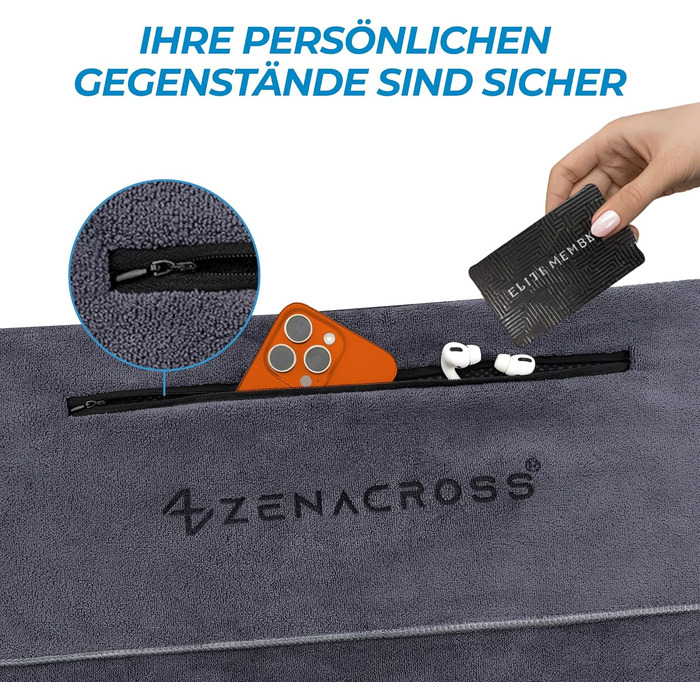 Рушник для фітнесу з мікрофібри 120x50 см - швидковисихаючий, з кишенею на блискавці, м'який спортивний рушник для спортзалу та тренажерного залу (120 x 50 см, сірий)