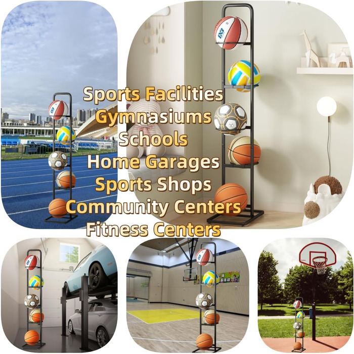 Стійка для м'ячів: сталева стійка для зберігання баскетбольних, футбольних та волейбольних м'ячів (5 тримачів) - економія місця, легка збірка, для внутрішнього та зовнішнього використання