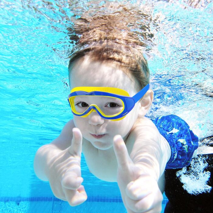 Дитячі окуляри для плавання SWAUSWAUK - окуляри для плавання для дітей 4-12 років, водонепроникні, з великим об'єктивом, проти запотівання, комфортні (блакитні та жовті)