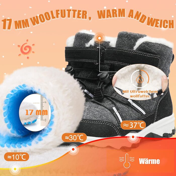 Зимові черевики Visionreast для дівчаток та хлопчиків. Теплі зимові черевики з ворсовим утеплювачем, водонепроникні, для туризму та активного відпочинку. Чорні, розмір 40 EU.