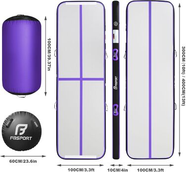 FBSPO Гімнастичний надувний мат для гімнастики та йоги з повітряною ролою, 300x100x10 см, чорно-фіолетовий