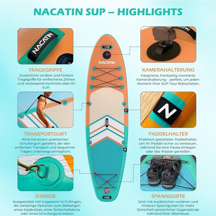 SUP дошка NACATIN надувна 320 см (10'6'') помаранчева для дорослих: комплект з веслом, насосом, рюкзаком та ремкомплектом