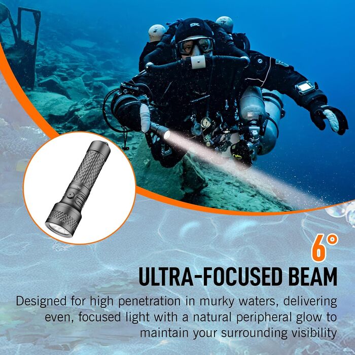 Ліхтар підводний ORCATORCH ORCA7 3000 люмен, глибина 150м, промінь 6°, SOS-режим, IP68, сірий