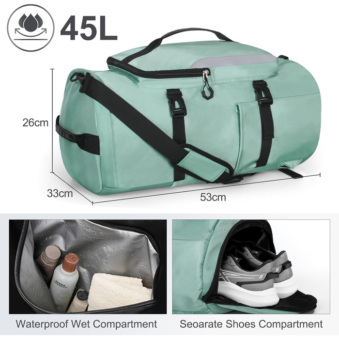 Спортивна сумка JiangLin 45L з відділенням для взуття та мокрих речей, велика дорожня сумка для жінок та чоловіків, рюкзак-трансформер для подорожей, спорту, фітнесу, плавання (зелена)