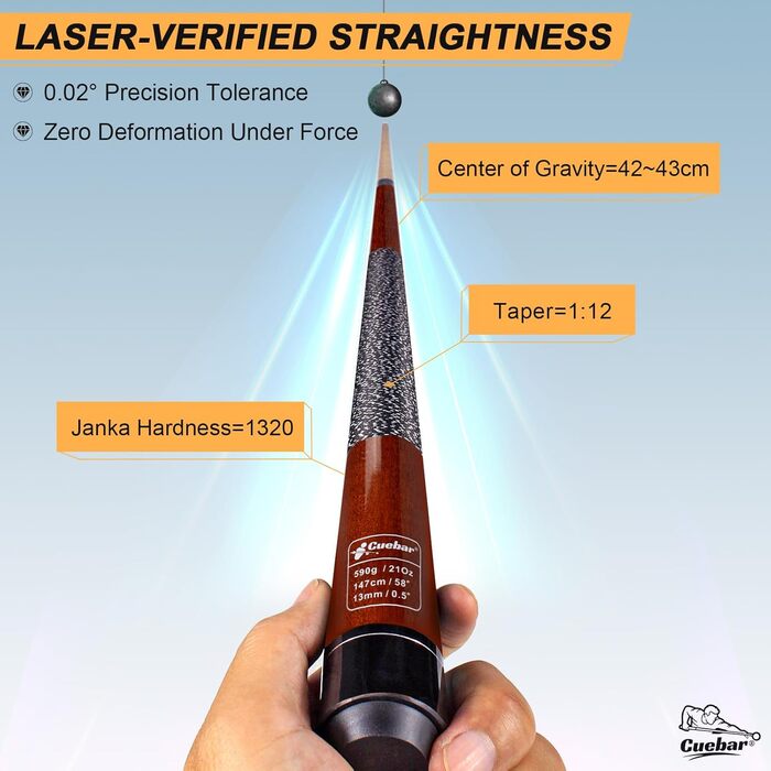 Більярдний кий CUEBAR, 147,3 см, 2-секційний з горіха, з наконечником 13 мм та льоновою рукояткою, для домашньої більярдного столу, для дорослих, 8 кольорів, 4 варіанти ваги (510 г, 538 г, 567 г, 595 г), колір: зелений (540 г) (колір: коричневий)