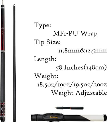 Професійний більярдний кий Moyerely з карбону, 11.8/12.5 мм, низька відхилення, з чохлом MF1-PU Wrap + подовжувач 11.8 мм