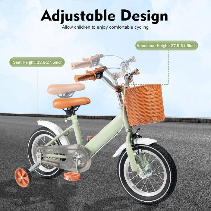 Дитячий велосипед 12 дюймів, для дітей 2-4 років, з кошиком та додатковими колесами, регульоване сидіння та кермо, подвійне гальмо, зелений