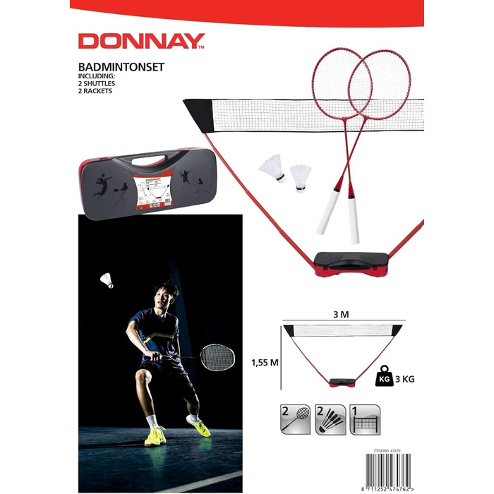 Набір для бадмінтону Donnay на 2 особи: ракетки, воланчики, сітка, сумка для транспортування. Сітка для волейболу 155x300 см для саду та кемпінгу (Чорно-червоний)