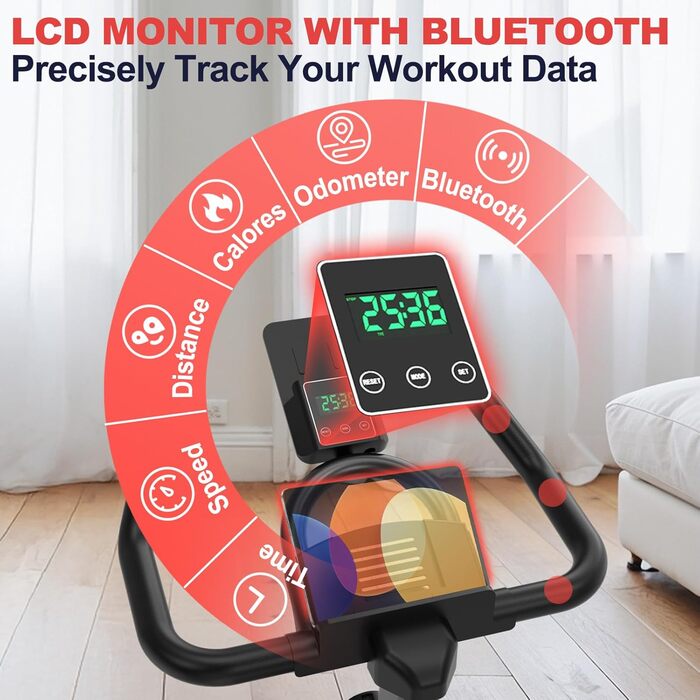 Велотренажер VOWVIT з магнітним опором: тихий велоергометр з LCD-монітором та Bluetooth, фітнес-велосипед для дому, регульоване сидіння, стабільна рама, до 160 кг, чорний